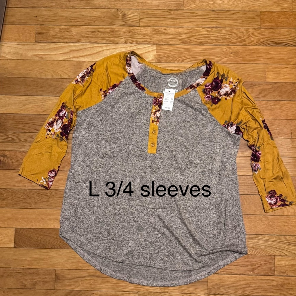 Maurices Mustard Floral Sleeve Gray Blouse